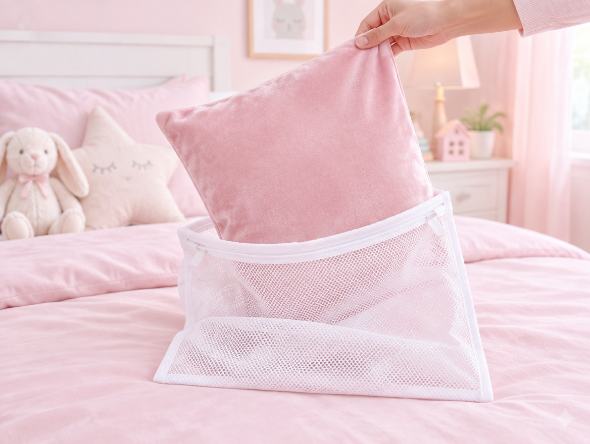 Funda de almohada saliendo intacta de la bolsa de lavado