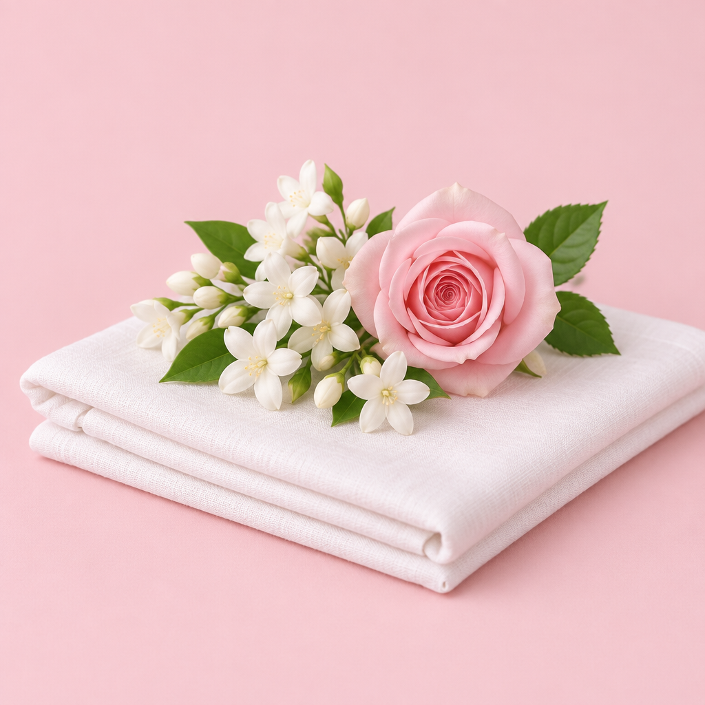 Jazmines y una rosa sobre sabanas dobladas