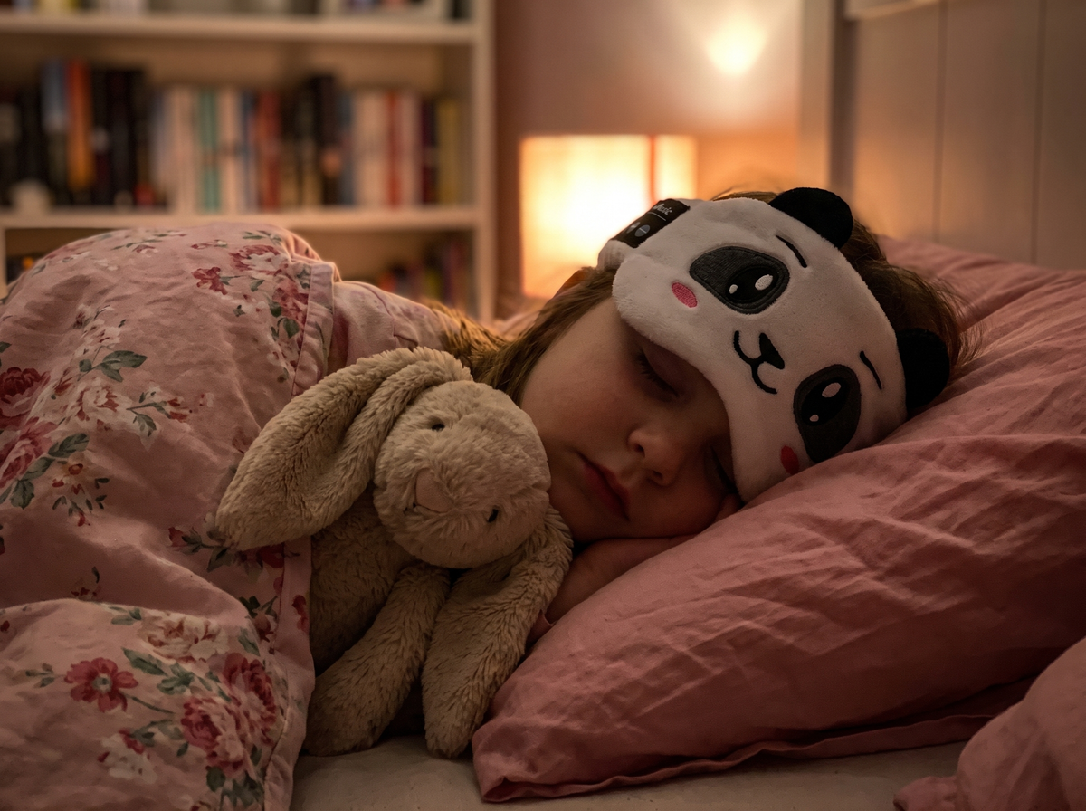 Nena durmiendo con el auricular antifaz Dulces Sueños modelo Pandita Dormilón