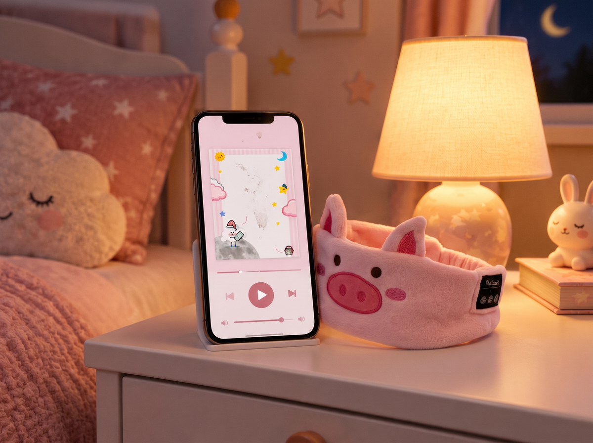 Celular con un cuento sonando y el auricular antifaz Cerdito Bonachón en la mesa de luz
