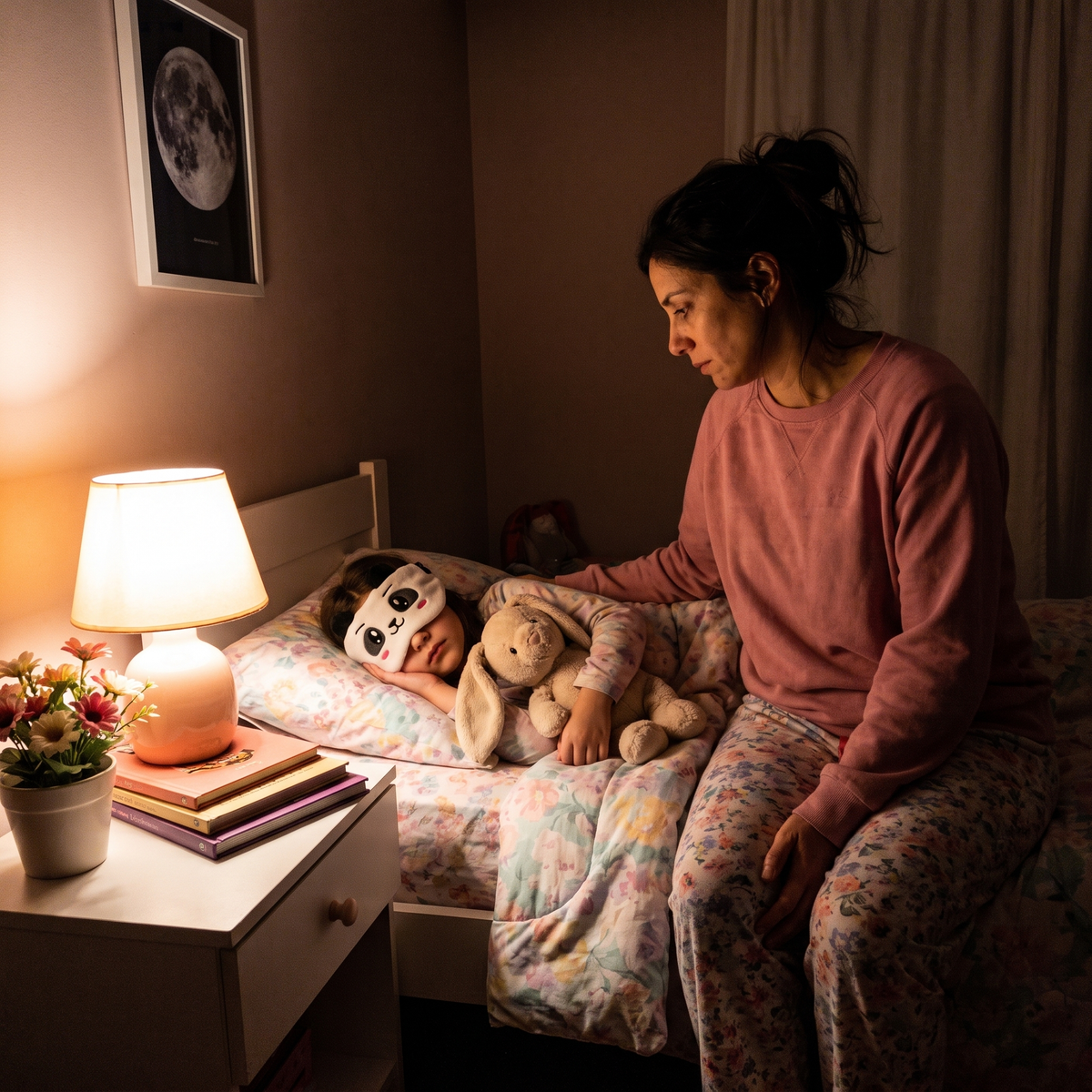 Mamá mirando a su hija ya dormida con el auricular antifaz Pandita Dormilón